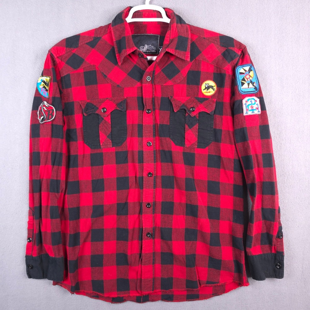 Songs of Freedom Mens XL Red Black Buffalo Plaid Patch Western Flannel Shirt Y2K